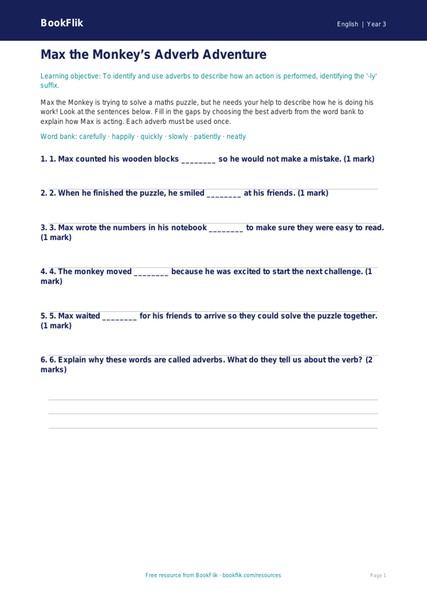 Free Adverbs Activity Sheet | Class 3 | English | BookFlik worksheet preview — English Adverbs