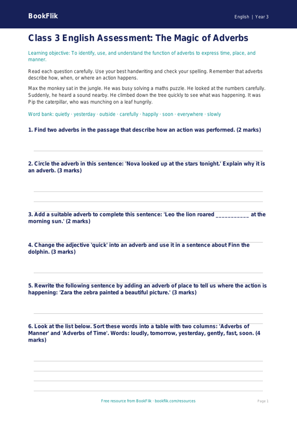 Free Adverbs Assessment | Class 3 | English | BookFlik worksheet preview — English Adverbs