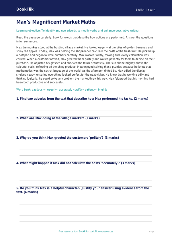Free Adverbs Comprehension | Class 4 | English | BookFlik worksheet preview — English Adverbs