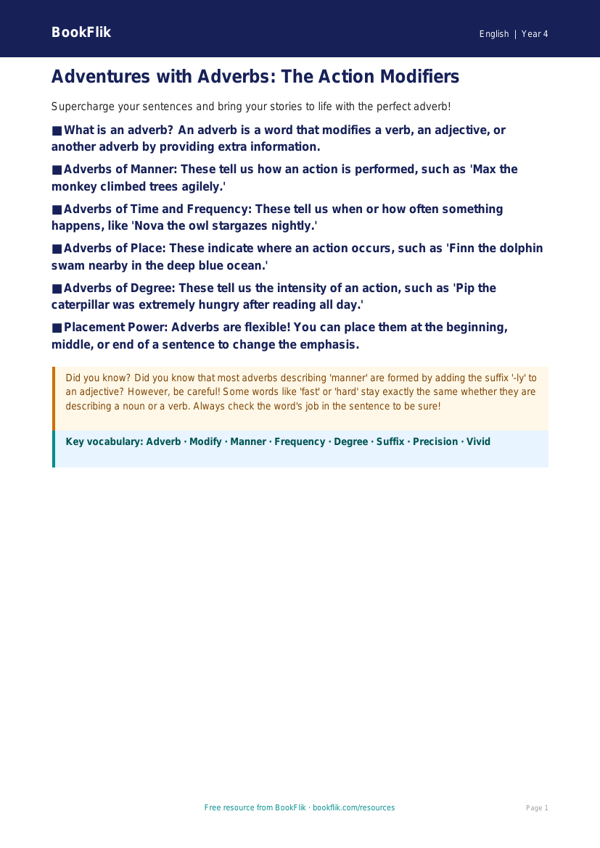 Free Adverbs Poster | Class 4 | English Grammar | BookFlik worksheet preview — English Adverbs