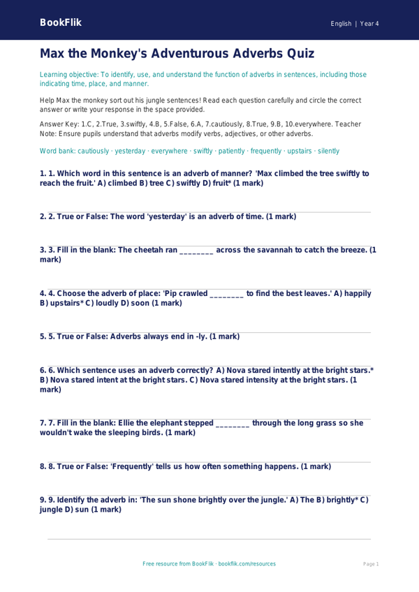 Adverbs Quiz for Class 4 | CBSE English Grammar | BookFlik worksheet preview — English Adverbs