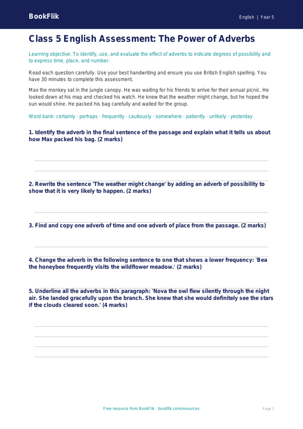 Adverbs Assessment for Class 5 | CBSE English Worksheet | BookFlik worksheet preview — English Adverbs