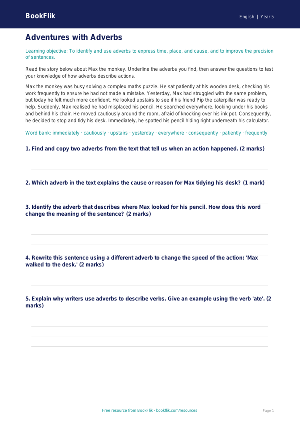 Free Adverbs Track Sheet | Class 5 | English | BookFlik worksheet preview — English Adverbs
