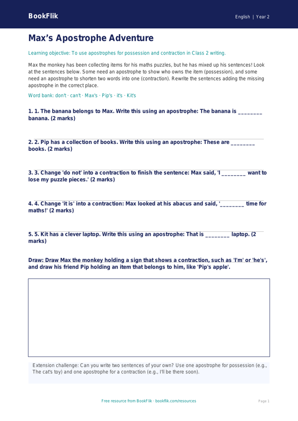 Free Apostrophes Activity Sheet | Class 2 | English | BookFlik worksheet preview — English Apostrophes