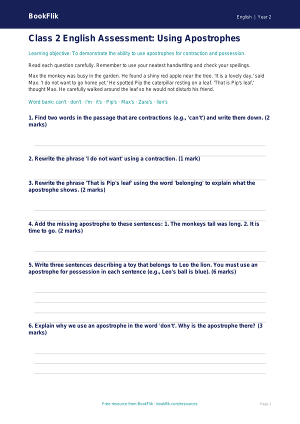 Apostrophes Assessment for Class 2 | CBSE English Worksheet | BookFlik worksheet preview — English Apostrophes