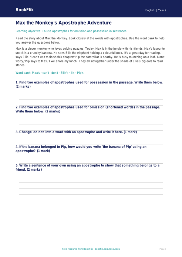 Free Apostrophes Track Sheet | Class 2 | English | BookFlik worksheet preview — English Apostrophes