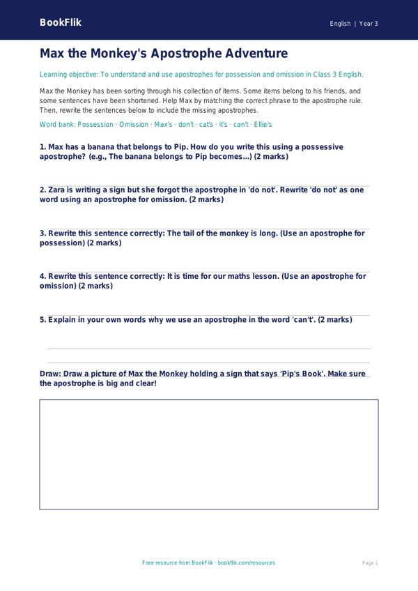 Free Apostrophes Activity Sheet | Class 3 | English | BookFlik worksheet preview — English Apostrophes