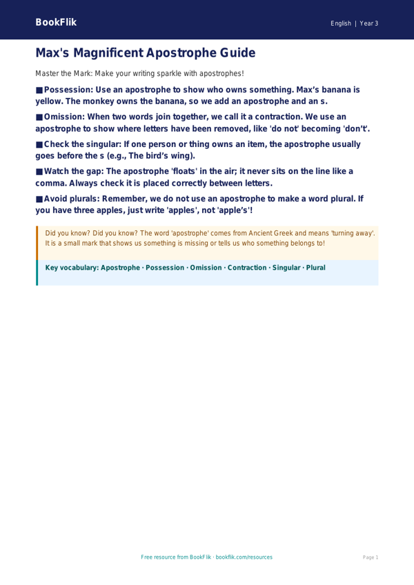 Free Apostrophes Poster | Class 3 | English | BookFlik worksheet preview — English Apostrophes
