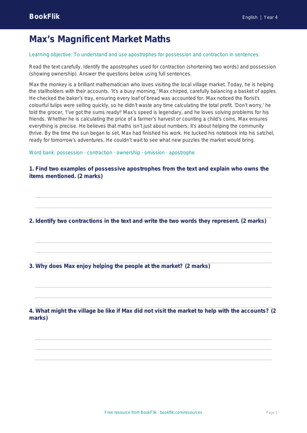 Free Apostrophes Comprehension | Class 4 | English | BookFlik worksheet preview — English Apostrophes
