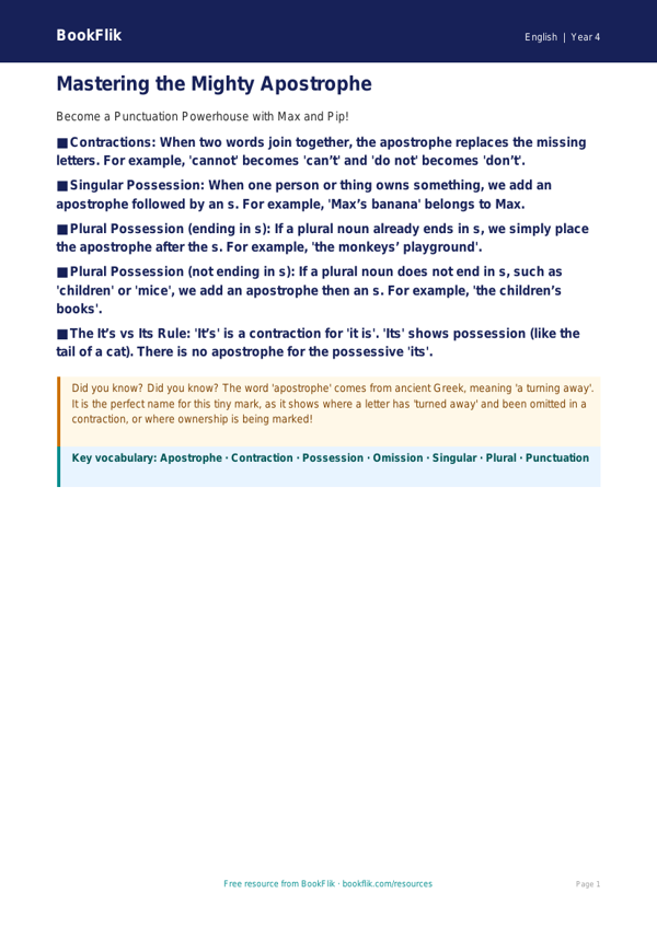 Free Apostrophes Poster | Class 4 | English | BookFlik worksheet preview — English Apostrophes