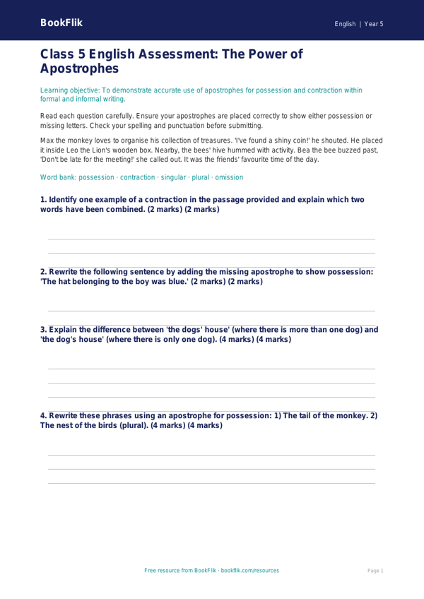 Free Apostrophes Assessment | Class 5 | English | BookFlik worksheet preview — English Apostrophes