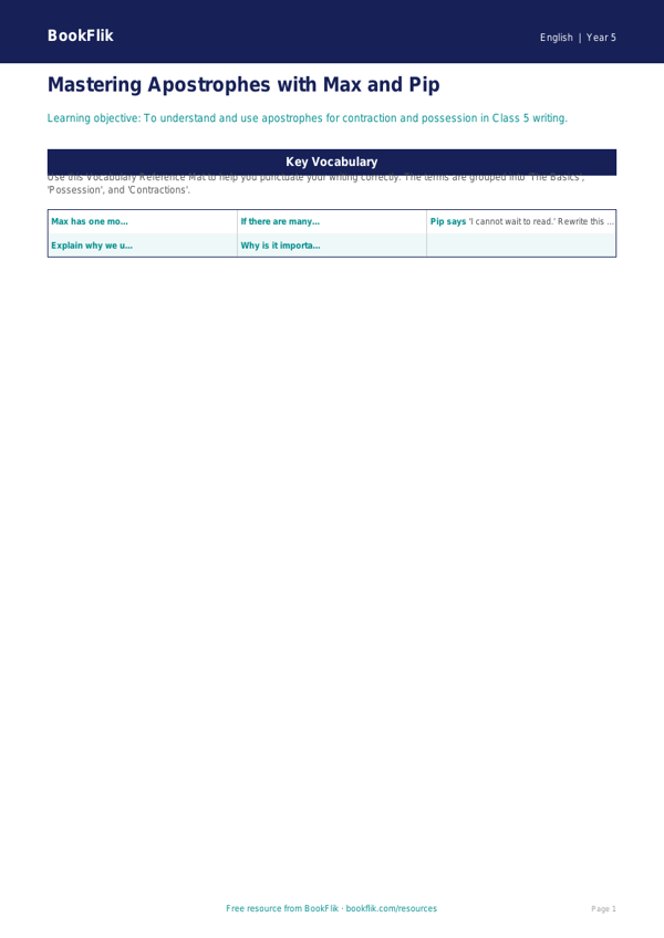 Free Apostrophes Word Mat | Class 5 | English | BookFlik worksheet preview — English Apostrophes
