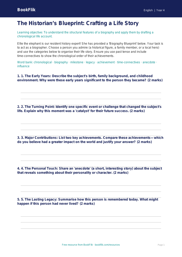 Free Biography Activity Sheet | Class 4 | English | BookFlik worksheet preview — English Biography