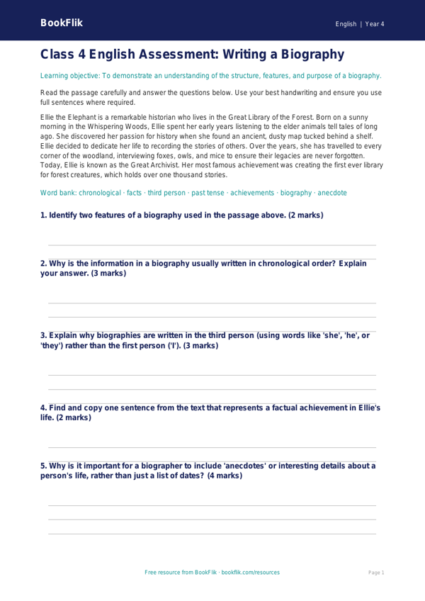 English biography assessment class 4 core worksheet preview — English Biography