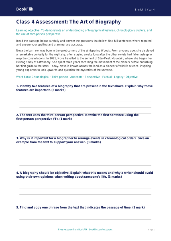 Class 4 Biography Writing Assessment | CBSE English Worksheet | BookFlik worksheet preview — English Biography