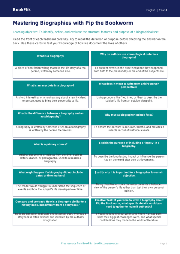 Free Biography Flashcards | Class 4 | English | BookFlik worksheet preview — English Biography