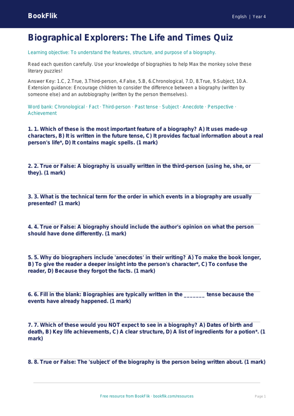 Free Biography Quiz | Class 4 | English | BookFlik worksheet preview — English Biography