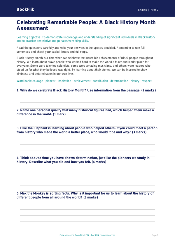 Black History Month Worksheet for Class 2 | CBSE English | BookFlik worksheet preview — English Black History Month