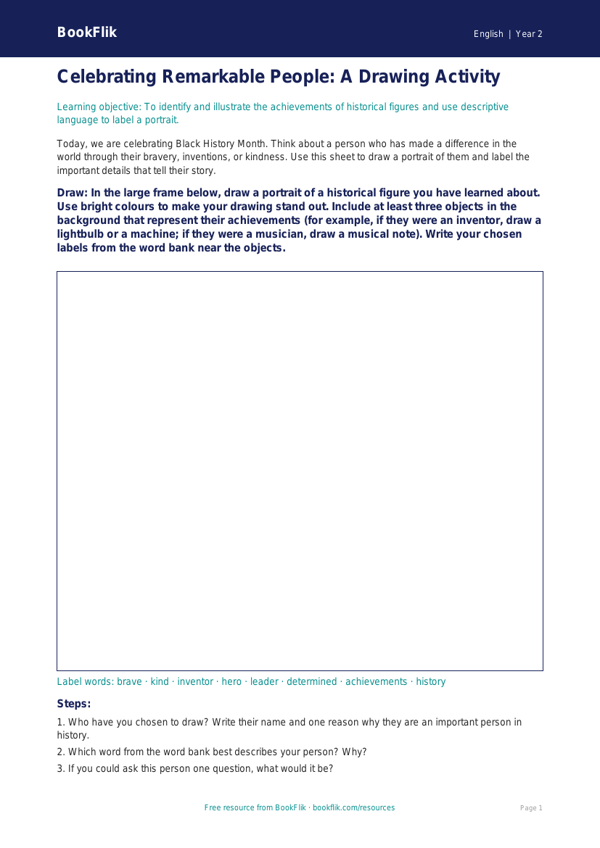 Black History Month Drawing and Writing Activity | Class 2 | CBSE | BookFlik worksheet preview — English Black History Month