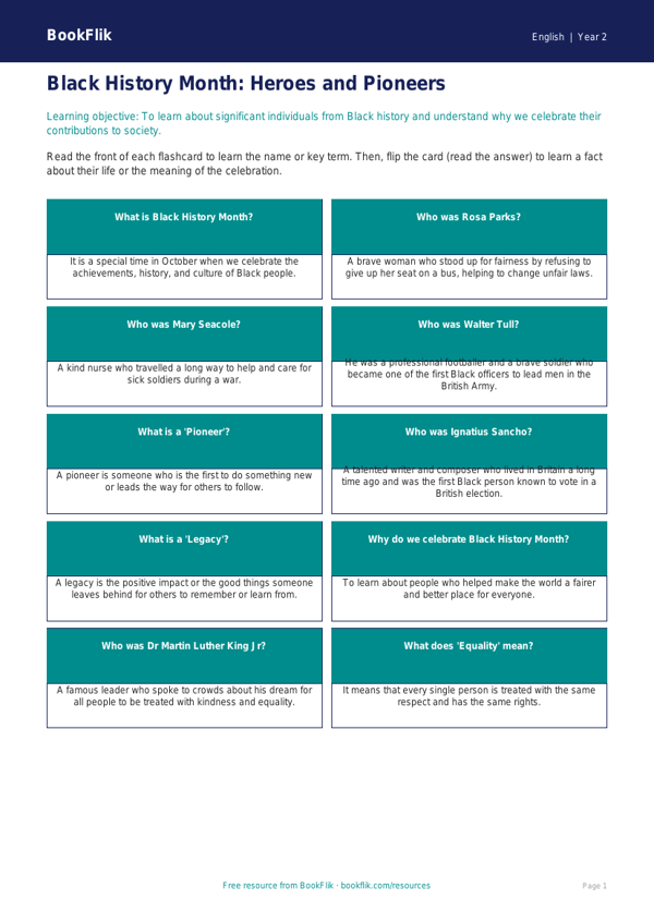 Black History Month Learning Resource for Class 2 | BookFlik worksheet preview — English Black History Month