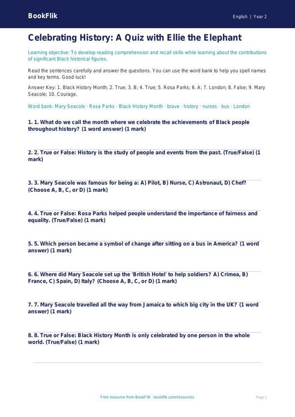 Black History Month Quiz for Class 2 | CBSE English Worksheet worksheet preview — English Black History Month