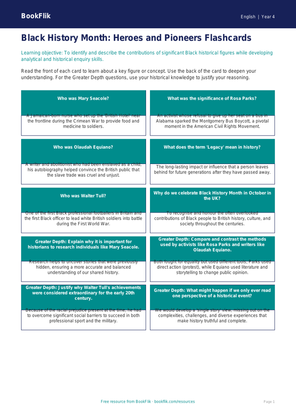 Black History Month Educational Resource | Class 4 English | BookFlik worksheet preview — English Black History Month