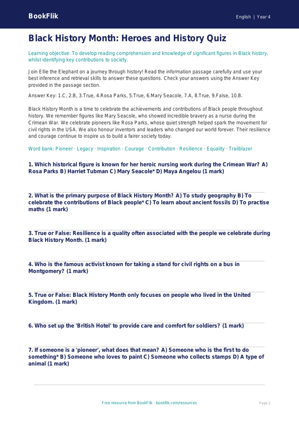 Black History Month Quiz for Class 4 | CBSE English Resource | BookFlik worksheet preview — English Black History Month