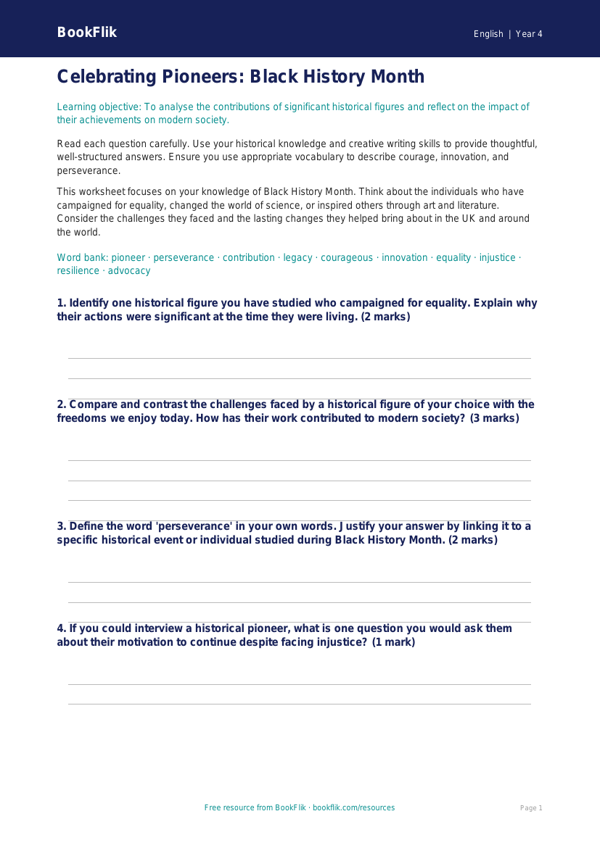 Free Black History Month Worksheet | Class 4 | English | BookFlik worksheet preview — English Black History Month