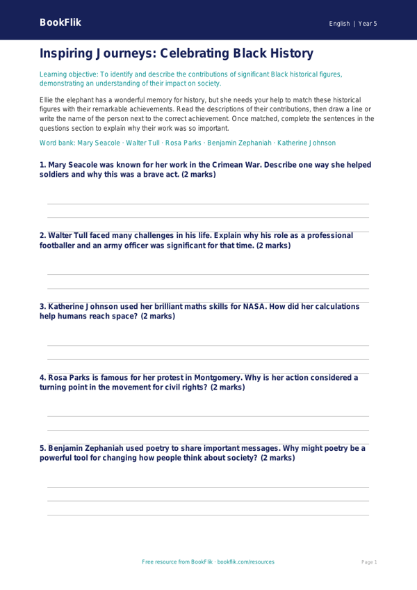 Free Black History Month Activity Sheet | Class 5 | English | BookFlik worksheet preview — English Black History Month