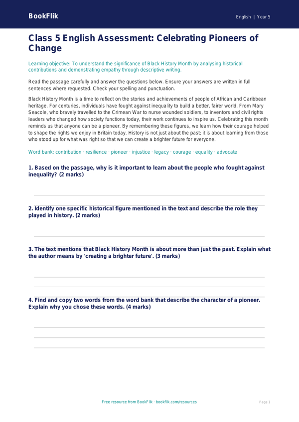 Black History Month Worksheet for Class 5 | CBSE English | BookFlik worksheet preview — English Black History Month