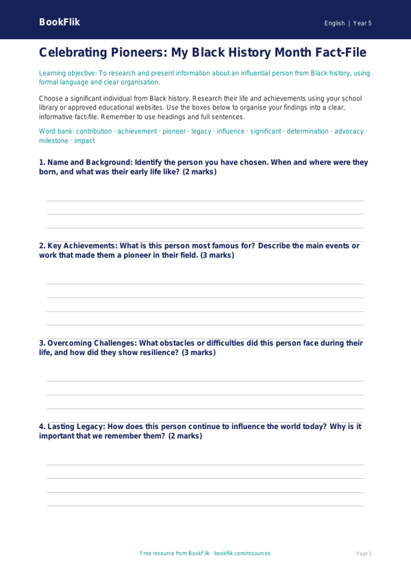 Black History Month Worksheet for Class 5 | CBSE English Resource worksheet preview — English Black History Month