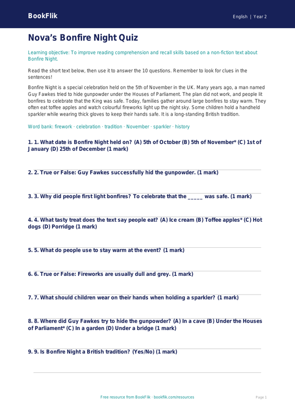 Bonfire Night Quiz for Class 2 | CBSE English Practice | BookFlik worksheet preview — English Bonfire Night