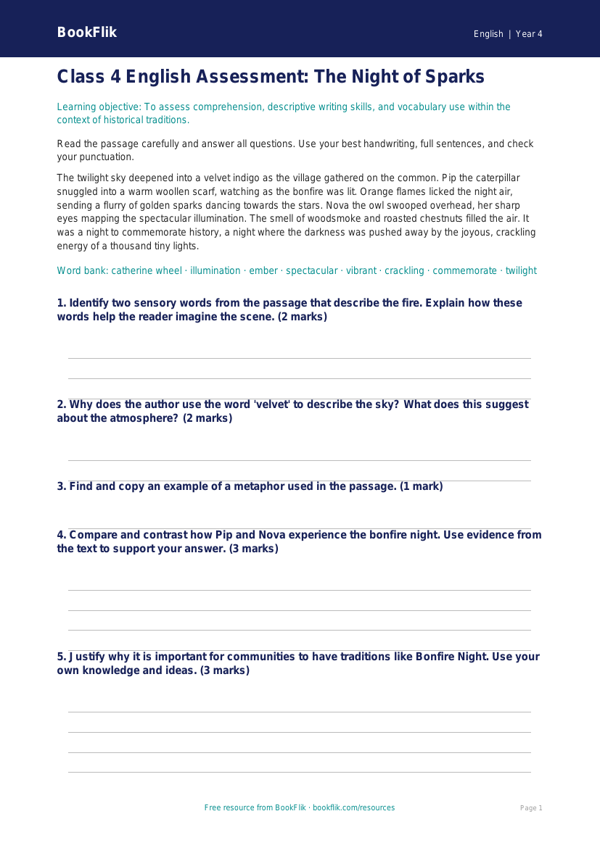 English bonfire night assessment class 4 greater depth worksheet preview — English Bonfire Night