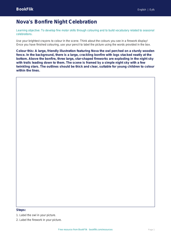 Free Bonfire Night Colouring Page | Nursery / LKG | English | BookFlik worksheet preview — English Bonfire Night