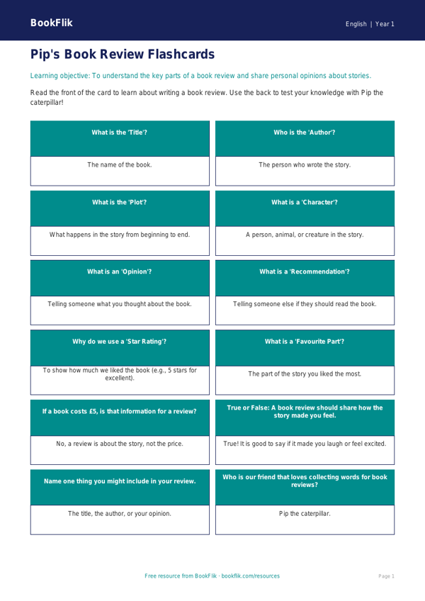 Free Book Review Flashcards | Class 1 | English | BookFlik worksheet preview — English Book Review