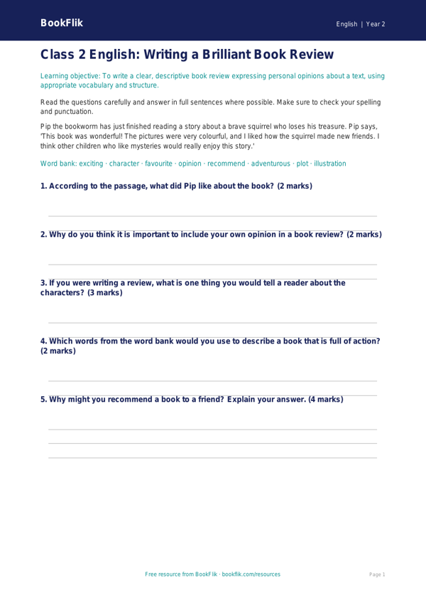 Free Book Review Assessment | Class 2 | English | BookFlik worksheet preview — English Book Review