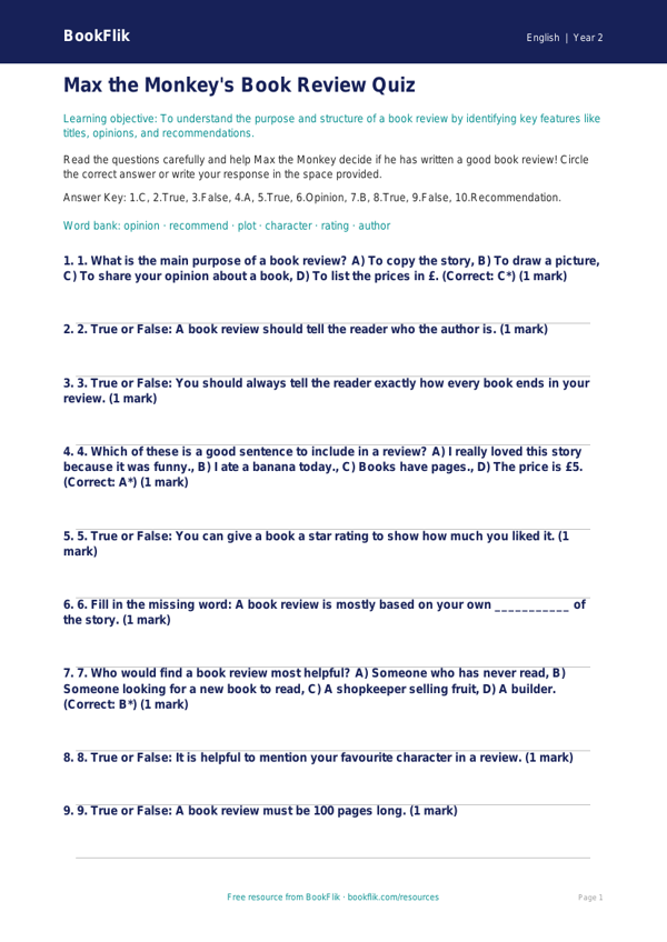 Free Book Review Quiz for Class 2 | English CBSE | BookFlik worksheet preview — English Book Review