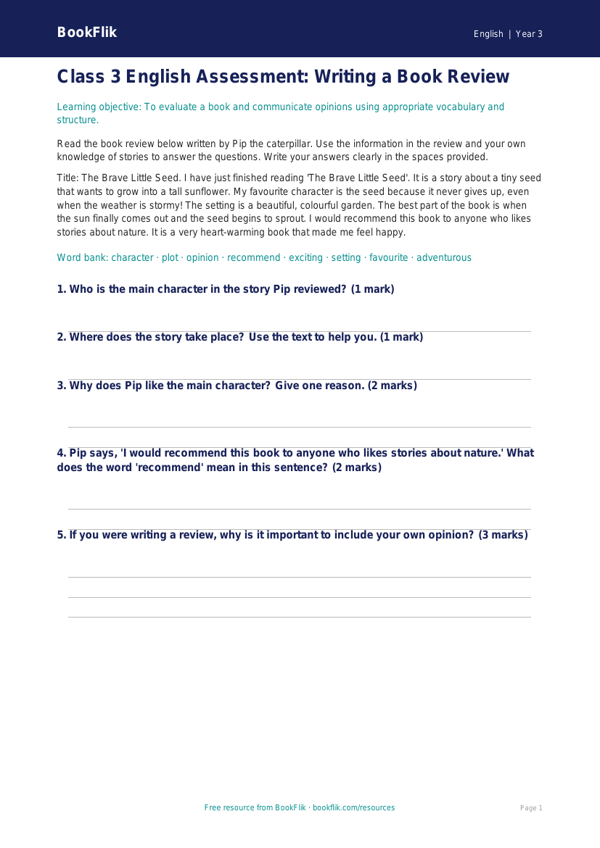 Free Book Review Assessment | Class 3 | English | BookFlik worksheet preview — English Book Review