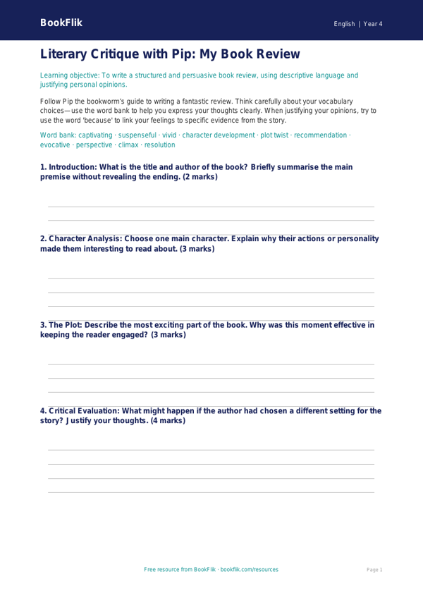 Free Book Review Template | Class 4 | English | BookFlik worksheet preview — English Book Review
