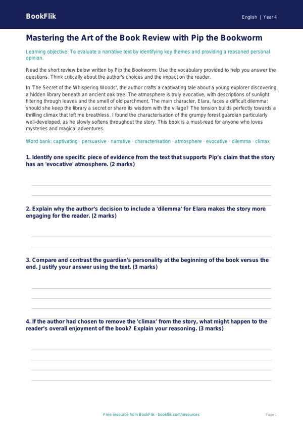 English book review track sheet class 4 greater depth worksheet preview — English Book Review