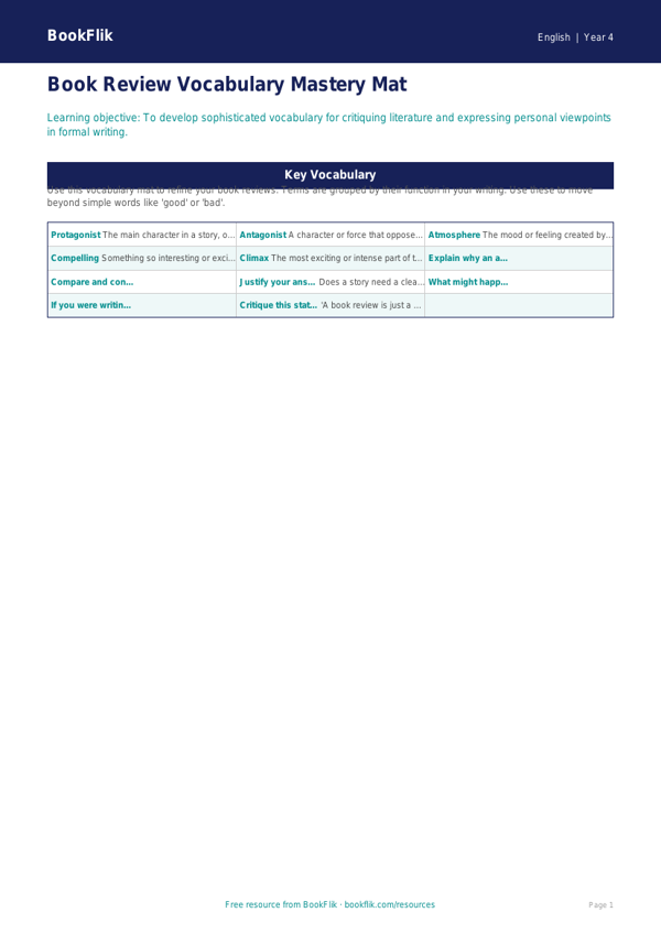 Free Book Review Word Mat | Class 4 | English | BookFlik worksheet preview — English Book Review
