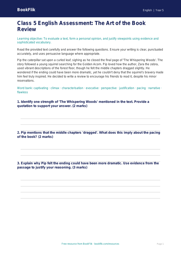 Free Book Review Assessment | Class 5 | English | BookFlik worksheet preview — English Book Review