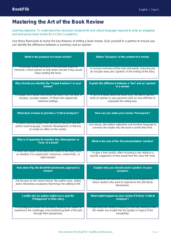 Free Book Review Flashcards | Class 5 | English | BookFlik worksheet preview — English Book Review