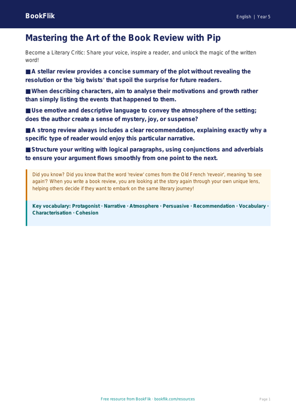Free Book Review Poster | Class 5 | English | BookFlik worksheet preview — English Book Review
