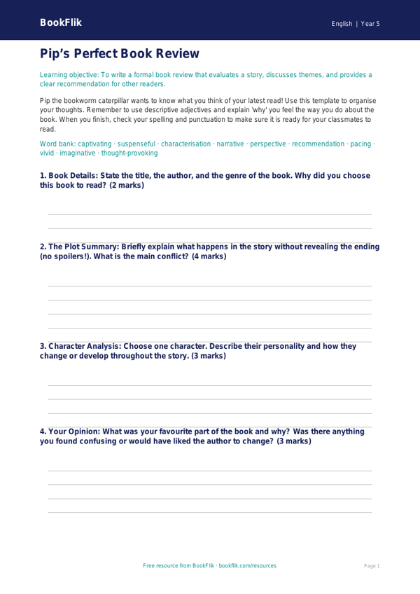 Free Book Review Template | Class 5 | English | BookFlik worksheet preview — English Book Review