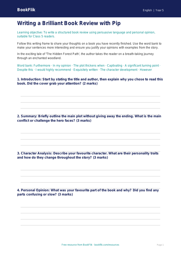 Free Book Review Writing Frame | Class 5 | English | BookFlik worksheet preview — English Book Review