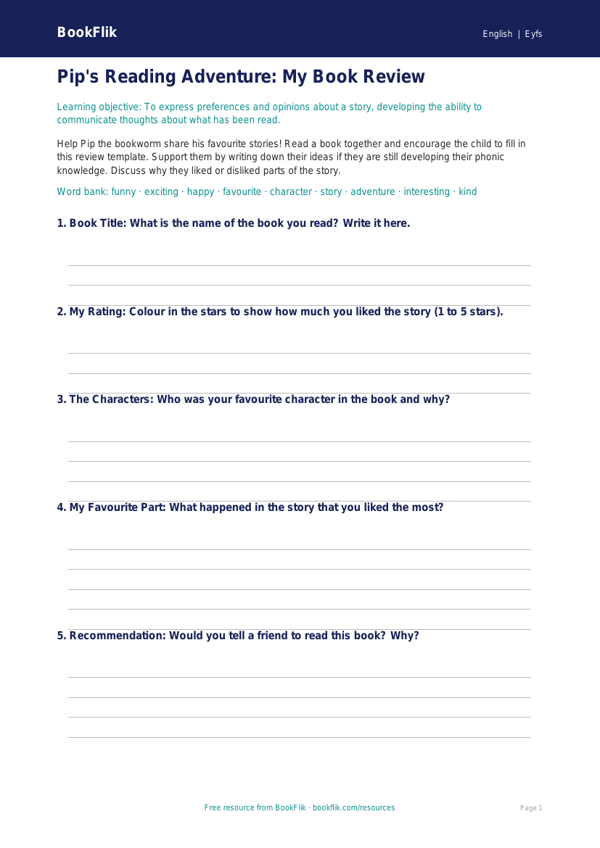 Free Book Review Template | Nursery / LKG | English | BookFlik worksheet preview — English Book Review