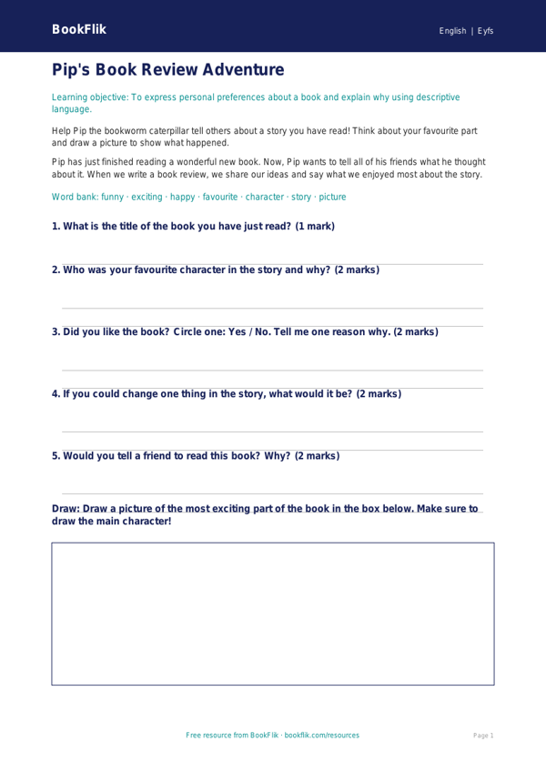 Free Book Review Worksheet | Nursery / LKG | English | BookFlik worksheet preview — English Book Review