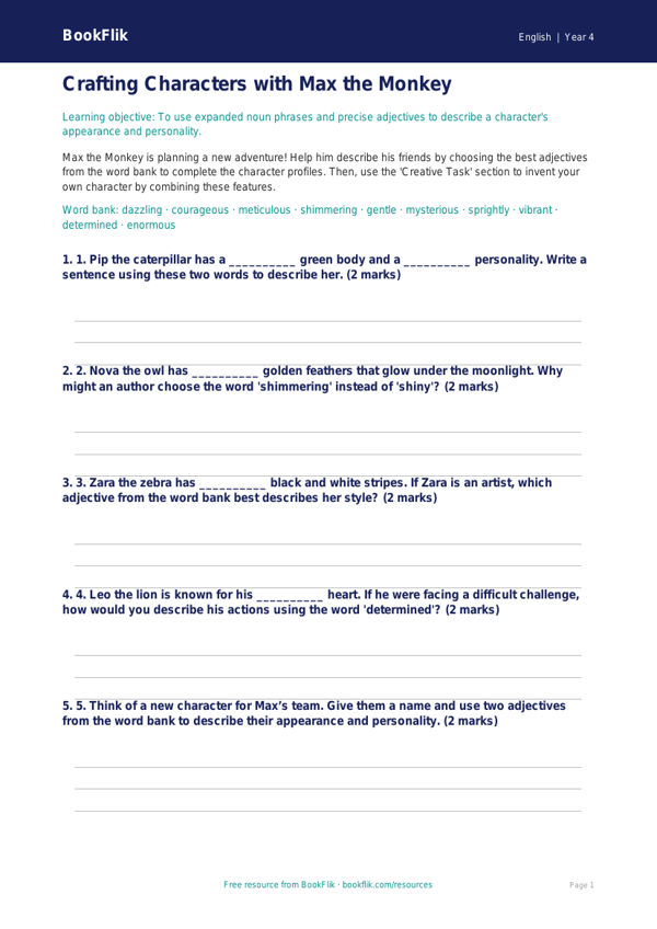 Free Character Description Activity Sheet | Class 4 | English | BookFlik worksheet preview — English Character Description