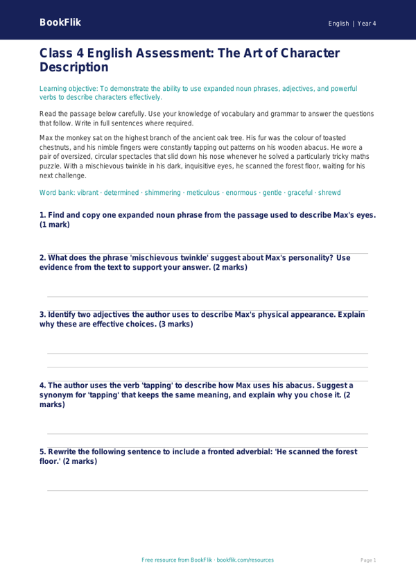 Free Character Description Assessment | Class 4 | English | BookFlik worksheet preview — English Character Description